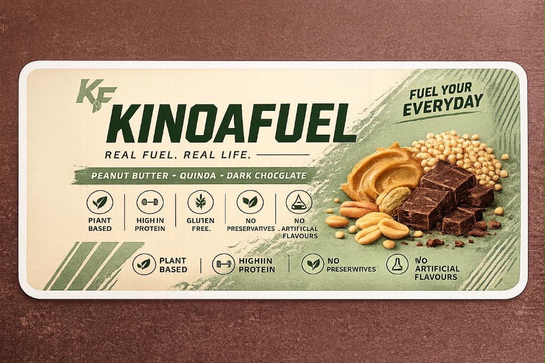 Kinoafuel energy bar packaging - peanut butter, quinoa, dark chocolate